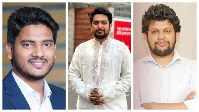 রাফে সালমান রিফাত (বাঁ দিক থেকে), নাহিদ ইসলাম ও মাহফুজ আলম। ফাইল ছবি